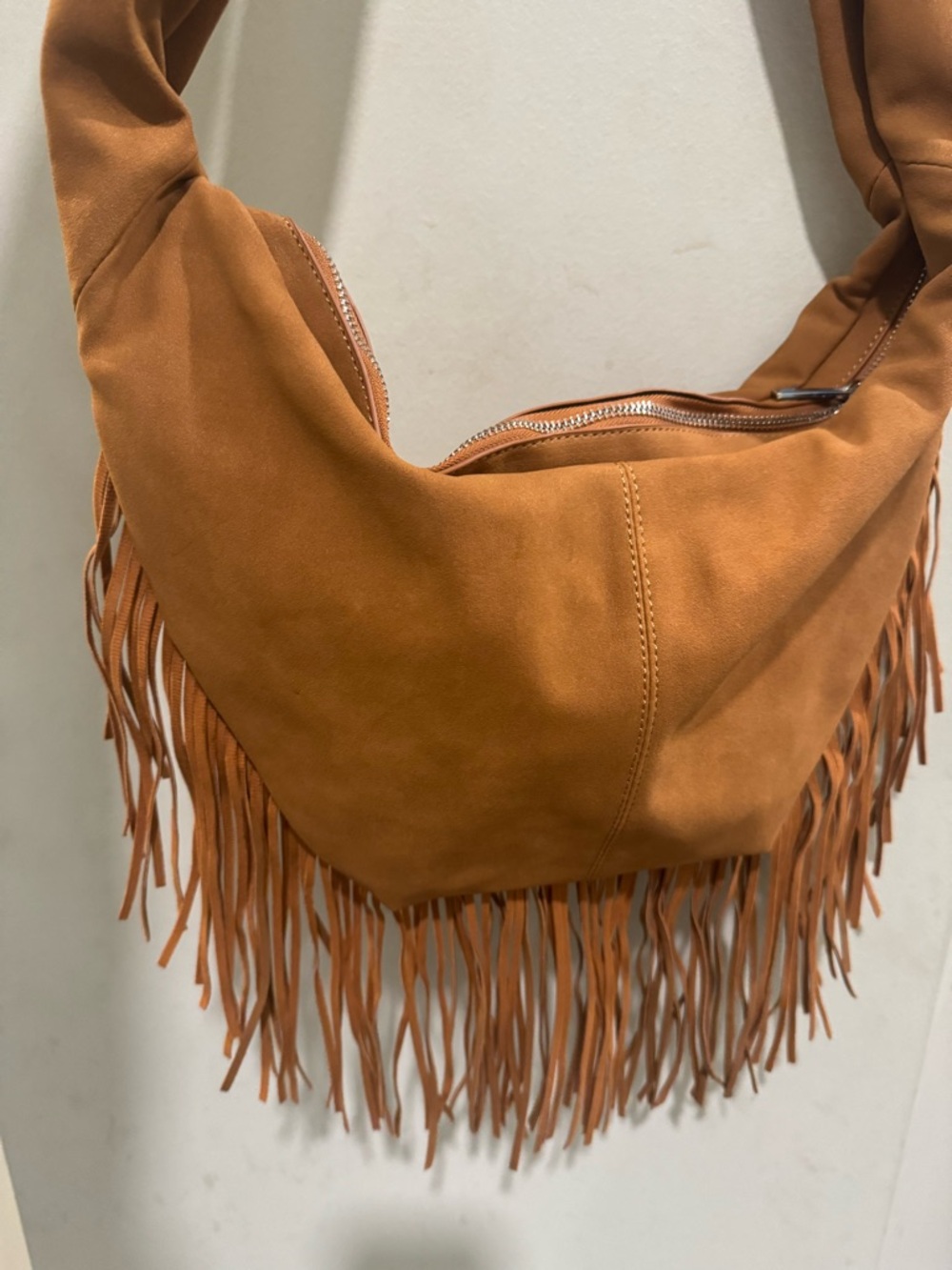 Fringe Suede Like Hobo Bag in Cognac